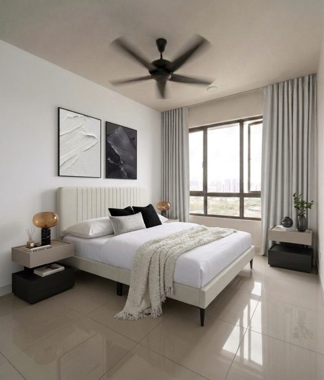 Modern Chromatic bedroom — walnut bed frame with charcoal bedding and brass accents