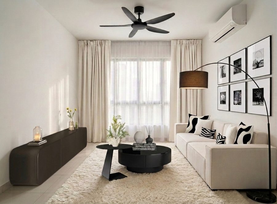 Modern Chromatic living room — deep-toned sofa, smoked glass coffee table and walnut media console
