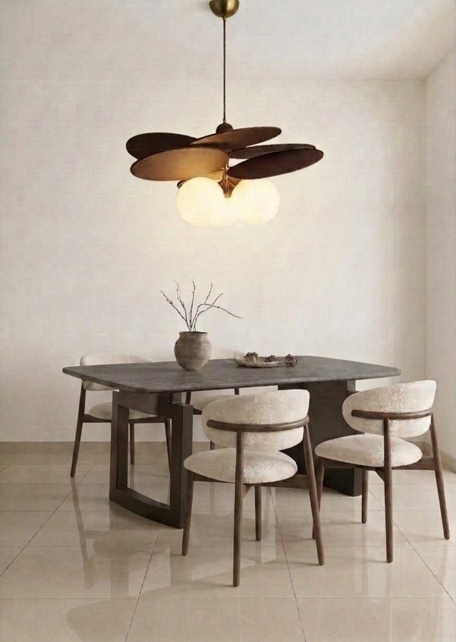 Contemporary dining area — sintered stone table with leather-seat chairs