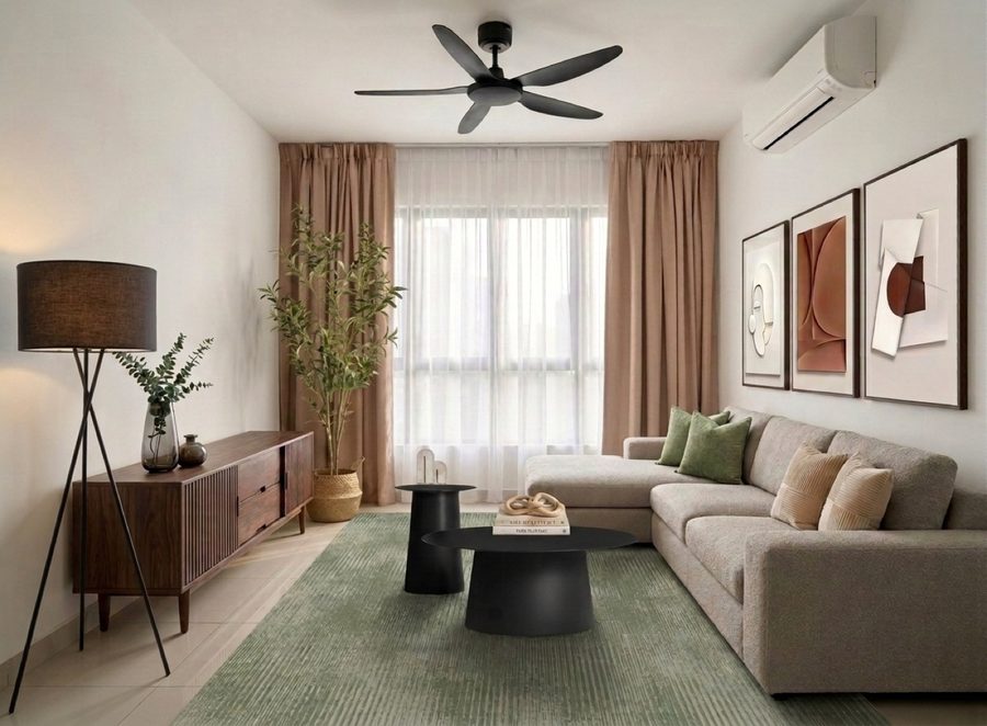 Contemporary living room furnished for rental — clean-lined sofa, marble-top table and gallery artwork