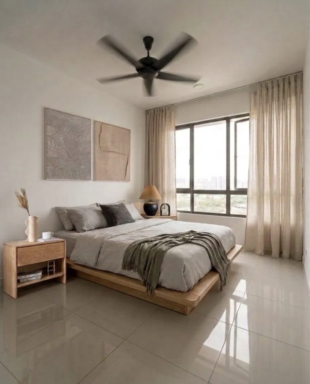 Japandi bedroom staged for rental — low platform bed, linen bedding and rattan bedside tables