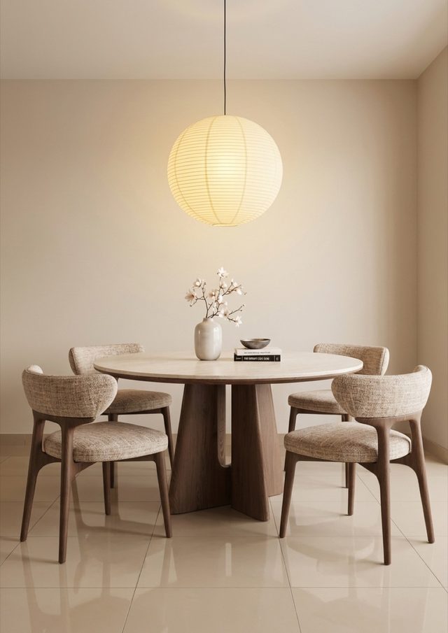 Japandi dining setup for a rental unit — round oak table with woven cane chairs