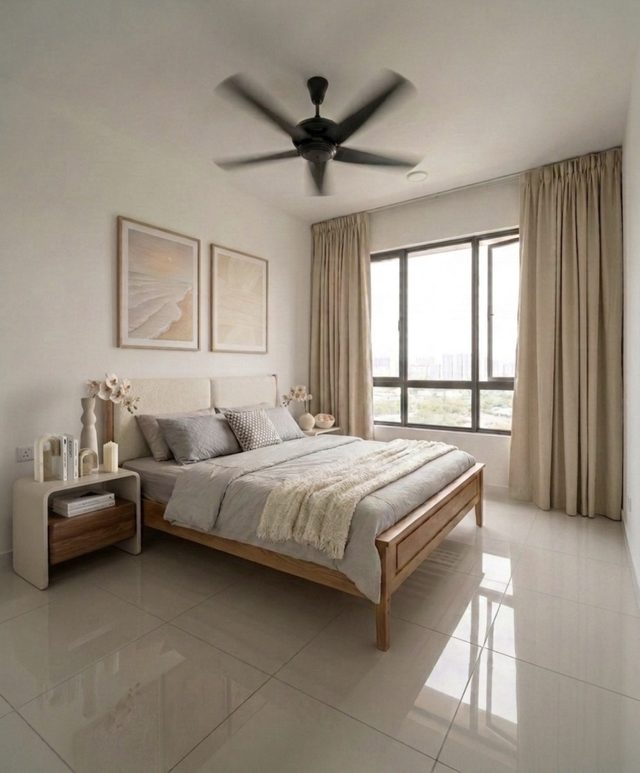 Modern Organic bedroom — upholstered bed frame, plaster tones and soft layered lighting