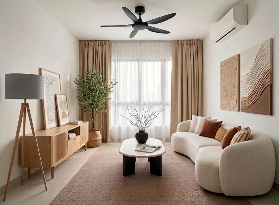Modern Organic living room staged for rental — curved boucle sofa, travertine coffee table and sheer curtains