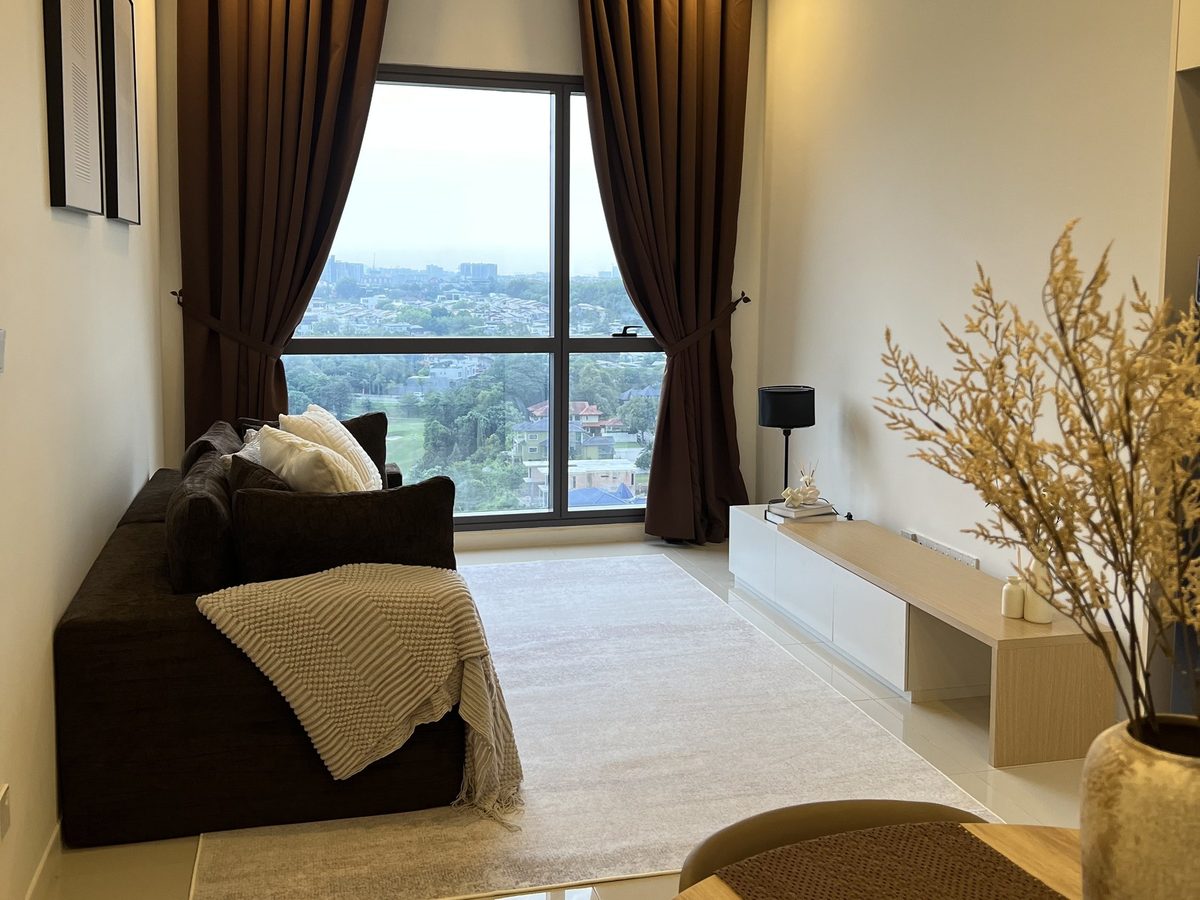 View from the dining table across to the sofa, console and window